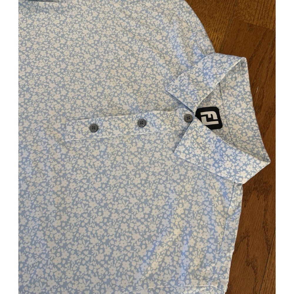 FootJoy FJ Mens L Blue & White Floral Print Lisle Performance Golf Shirt Polo
